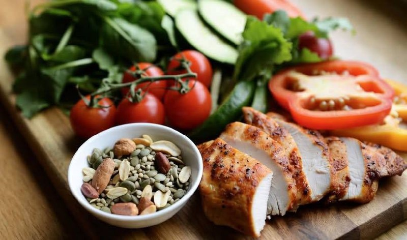 A board of pasture-raised chicken, vegetables, seeds and herbs