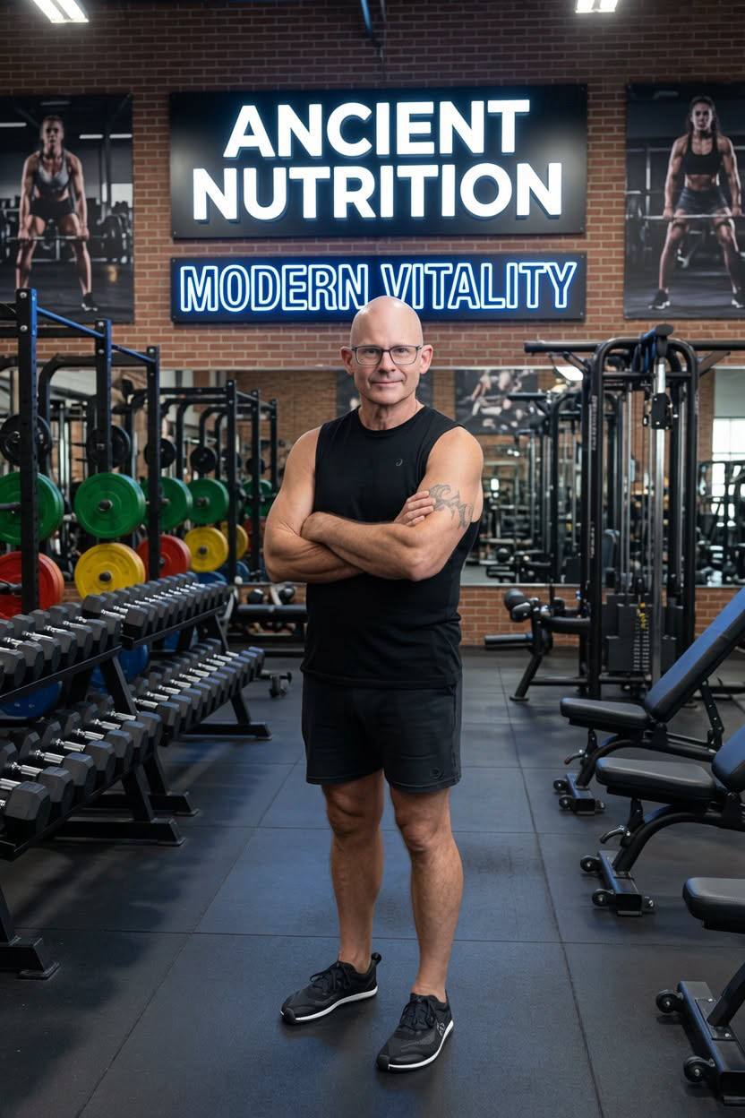 Scott training under the Ancient Nutrition · Modern Vitality banner